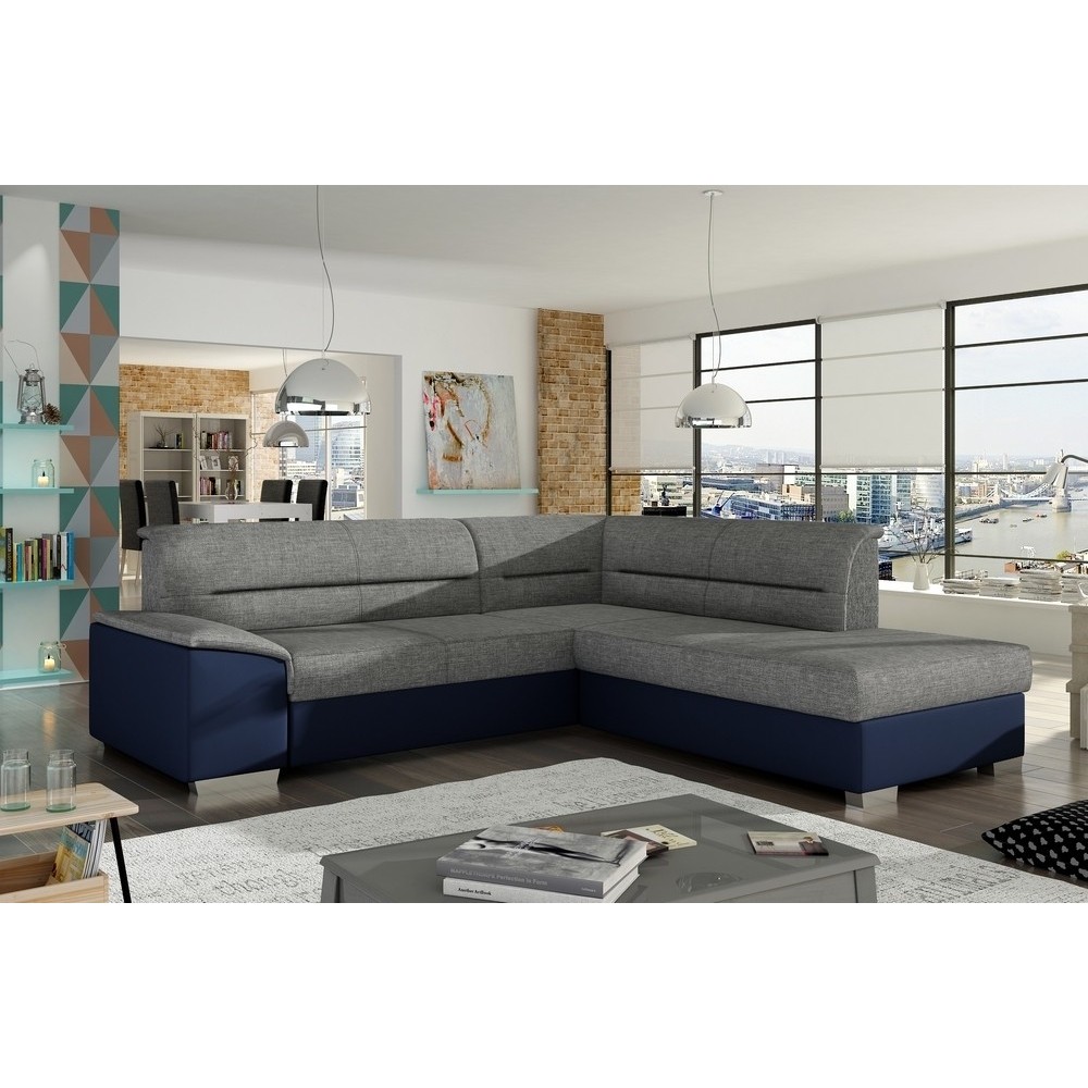 Canapé d'angle convertible en tissu luxe gris et simili cuir bleu, 5 places, avec coffre, angle droit (vu de face), VERTU MIX Canapé d'angle convertible en tissu luxe gris et simili cuir bleu, 5 places, avec coffre, angle droit (vu de face), VERTU MIX