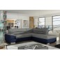 Canapé d'angle convertible en tissu luxe gris et simili cuir bleu, 5 places, avec coffre, angle droit (vu de face), VERTU MIX Canapé d'angle convertible en tissu luxe gris et simili cuir bleu, 5 places, avec coffre, angle droit (vu de face), VERTU MIX