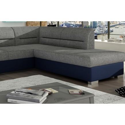 Canapé d'angle convertible en tissu luxe gris et simili cuir bleu, 5 places, avec coffre, angle droit (vu de face), VERTU MIX
