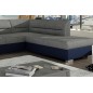 Canapé d'angle convertible en tissu luxe gris et simili cuir bleu, 5 places, avec coffre, angle droit (vu de face), VERTU MIX Canapé d'angle convertible en tissu luxe gris et simili cuir bleu, 5 places, avec coffre, angle droit (vu de face), VERTU MIX