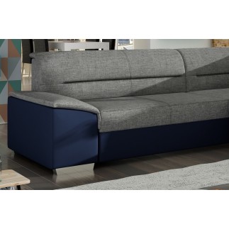 Canapé d'angle convertible en tissu luxe gris et simili cuir bleu, 5 places, avec coffre, angle droit (vu de face), VERTU MIX