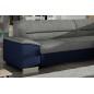 Canapé d'angle convertible en tissu luxe gris et simili cuir bleu, 5 places, avec coffre, angle droit (vu de face), VERTU MIX Canapé d'angle convertible en tissu luxe gris et simili cuir bleu, 5 places, avec coffre, angle droit (vu de face), VERTU MIX
