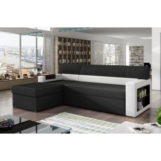 - Canapé d'angle convertible en tissu luxe noir et simili cuir blanc cassé, 5 places, avec coffre, angle gauche (vu de face) - R