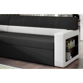 - Canapé d'angle convertible en tissu luxe noir et simili cuir blanc cassé, 5 places, avec coffre, angle gauche (vu de face) - R