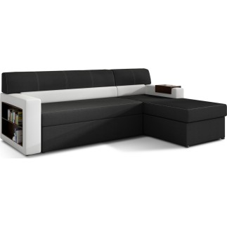 Canapé d'angle convertible en tissu luxe noir et simili cuir blanc cassé, 5 places, avec coffre, angle droit (vu de face) - RICC