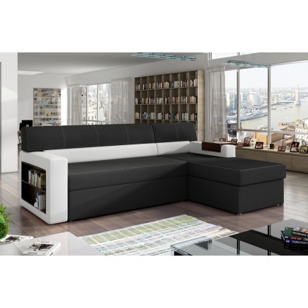 Canapé d'angle convertible en tissu luxe noir et simili cuir blanc cassé, 5 places, avec coffre, angle droit (vu de face) - RICC