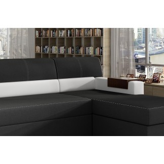 Canapé d'angle convertible en tissu luxe noir et simili cuir blanc cassé, 5 places, avec coffre, angle droit (vu de face) - RICC