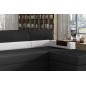 Canapé d'angle convertible en tissu luxe noir et simili cuir blanc cassé, 5 places, avec coffre, angle droit (vu de face) - RICC Canapé d'angle convertible en tissu luxe noir et simili cuir blanc cassé, 5 places, avec coffre, angle droit (vu de face) - RICC