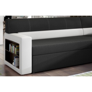 Canapé d'angle convertible en tissu luxe noir et simili cuir blanc cassé, 5 places, avec coffre, angle droit (vu de face) - RICC