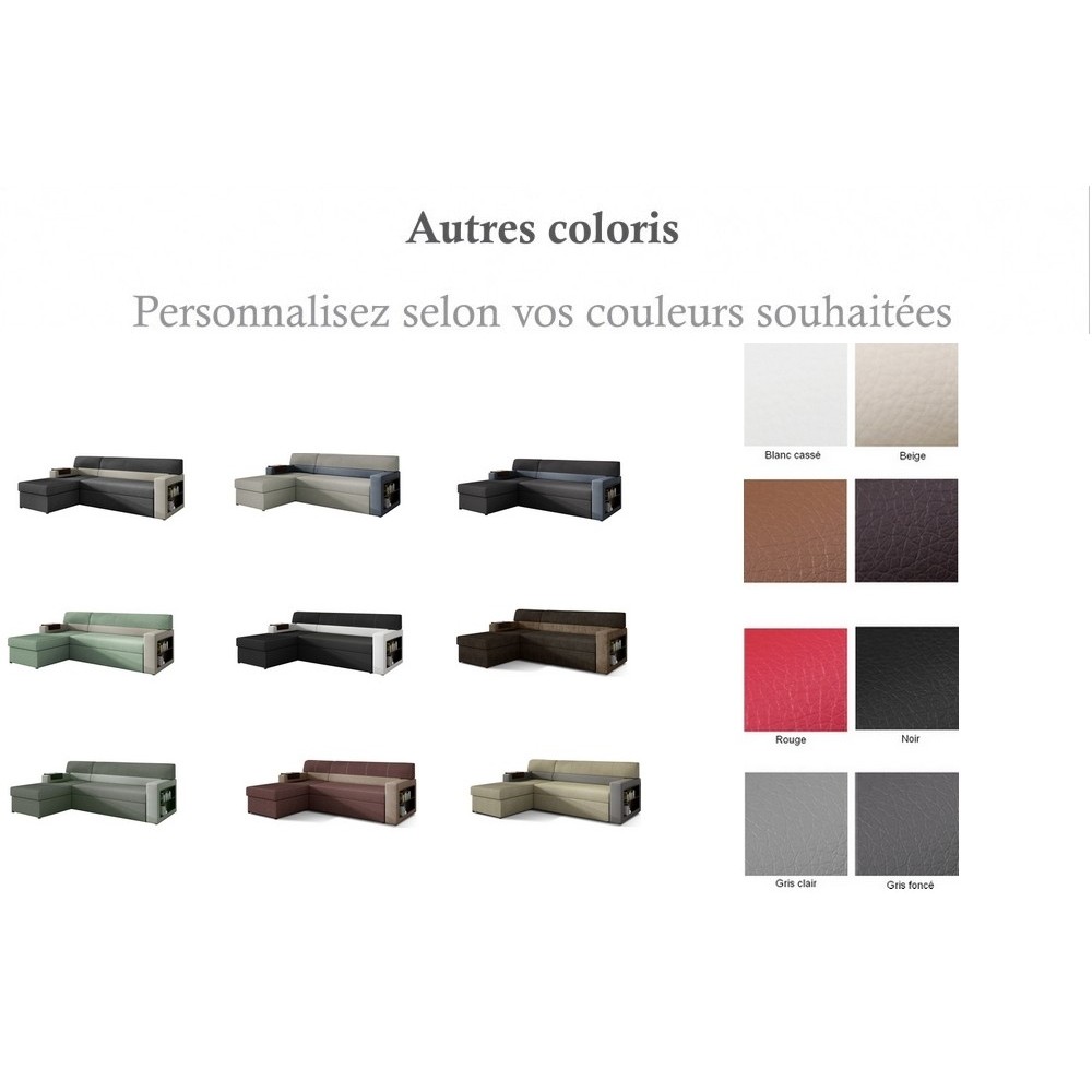 - Canapé d'angle convertible en tissu luxe et simili cuir, couleurs personnalisées, 5 places, avec coffre, angle gauche (vu de f - Canapé d'angle convertible en tissu luxe et simili cuir, couleurs personnalisées, 5 places, avec coffre, angle gauche (vu de f