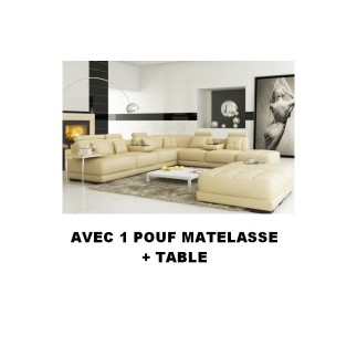 Canapé d'angle en cuir italien 6/7 places PETIT ELIXIR, écru, angle droit, une table bout de canapé et 1 pouf, 6x, total de la c