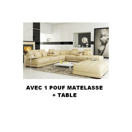 Canapé d'angle en cuir italien 6/7 places PETIT ELIXIR, écru, angle droit, une table bout de canapé et 1 pouf, 6x, total de la c