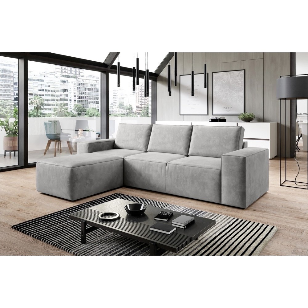 - Canapé d'angle convertible - SIDNEY VELOURS - en tissu Luxe - 5/6 places, gris clair, angle gauche (vu de face) - Canapé d'angle convertible - SIDNEY VELOURS - en tissu Luxe - 5/6 places, gris clair, angle gauche (vu de face)