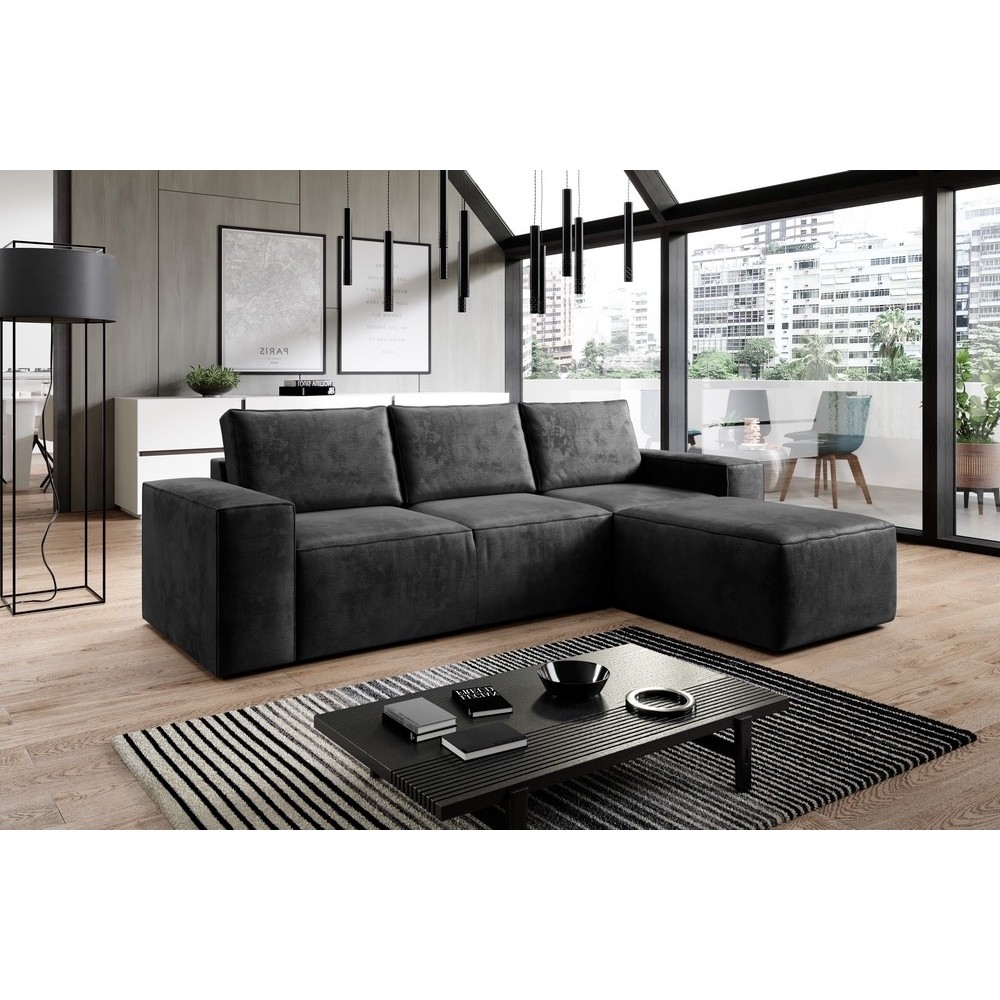 Canapé d'angle convertible - SIDNEY VELOURS - en tissu Luxe - 5/6 places, anthracite, angle droit (vu de face) Canapé d'angle convertible - SIDNEY VELOURS - en tissu Luxe - 5/6 places, anthracite, angle droit (vu de face)