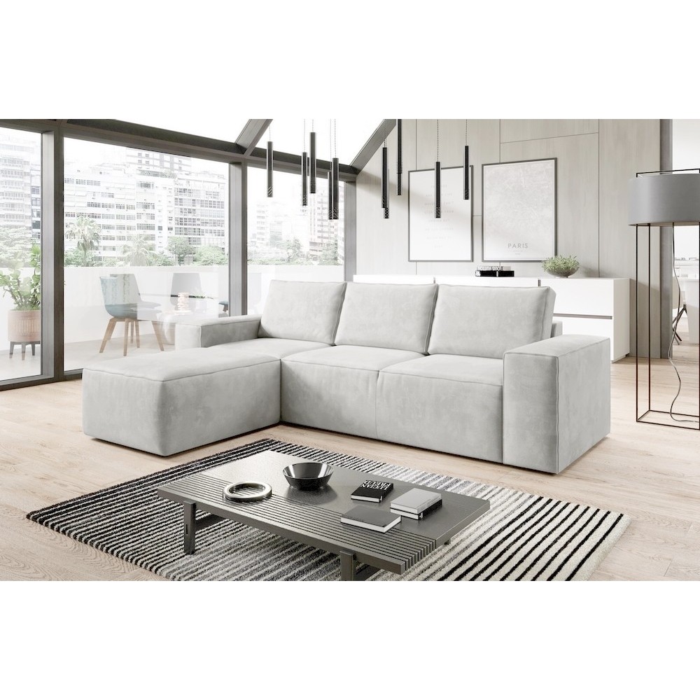 - Canapé d'angle convertible - SIDNEY VELOURS - en tissu Luxe, 5/6 places, blanc cassé, angle gauche (vu de face) - Canapé d'angle convertible - SIDNEY VELOURS - en tissu Luxe, 5/6 places, blanc cassé, angle gauche (vu de face)