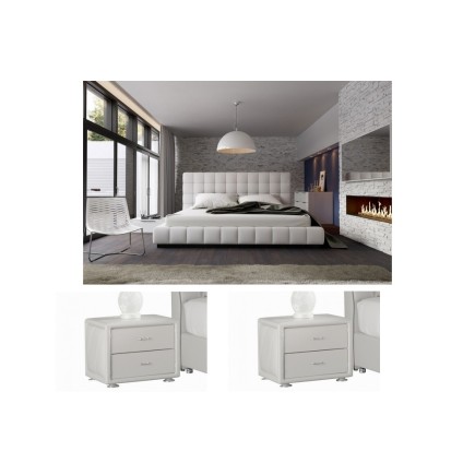 1er paiement commande: Lit design en cuir italien de luxe silver, blanc, 180x200, 2 Chevets de belle qualité sandy, blanc, 6x sa