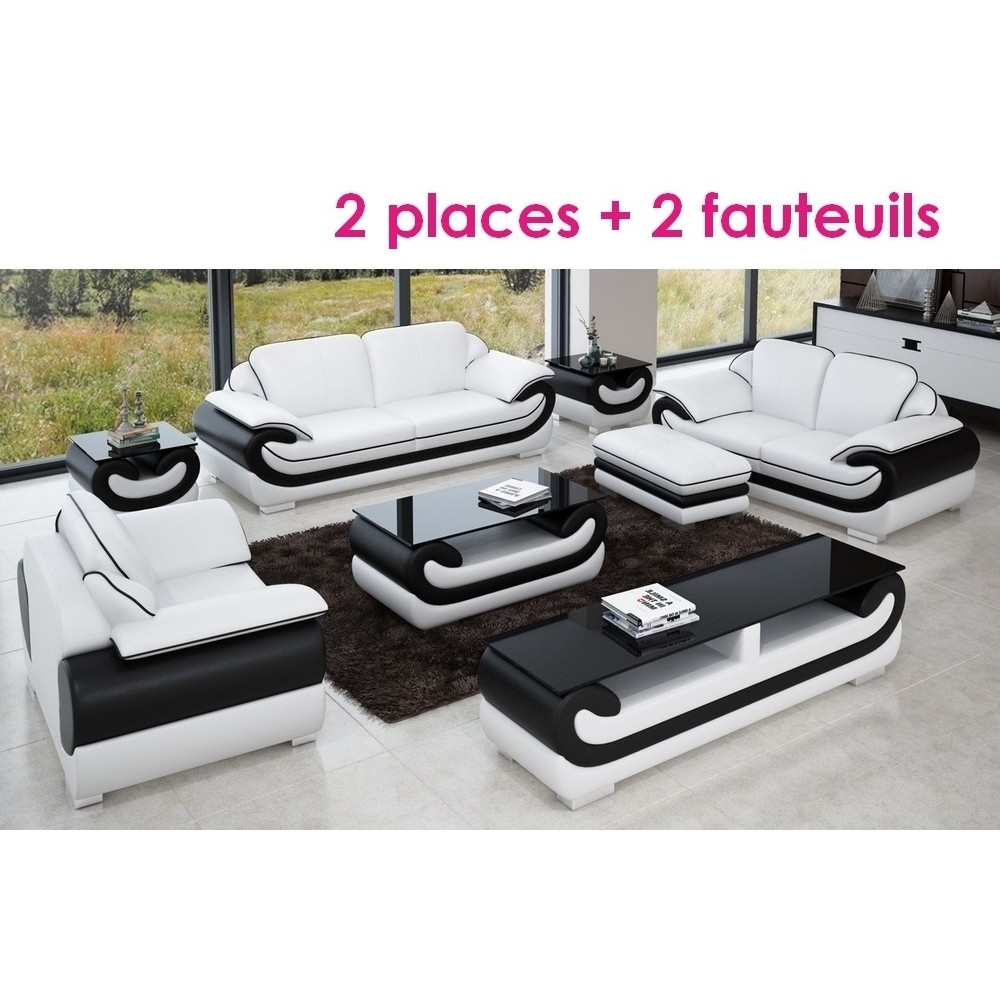 Ensemble:composé un canapé 2 places + 2 fauteuils en cuir italien vachette CANDIDE blanc et noir Ensemble:composé un canapé 2 places + 2 fauteuils en cuir italien vachette CANDIDE blanc et noir