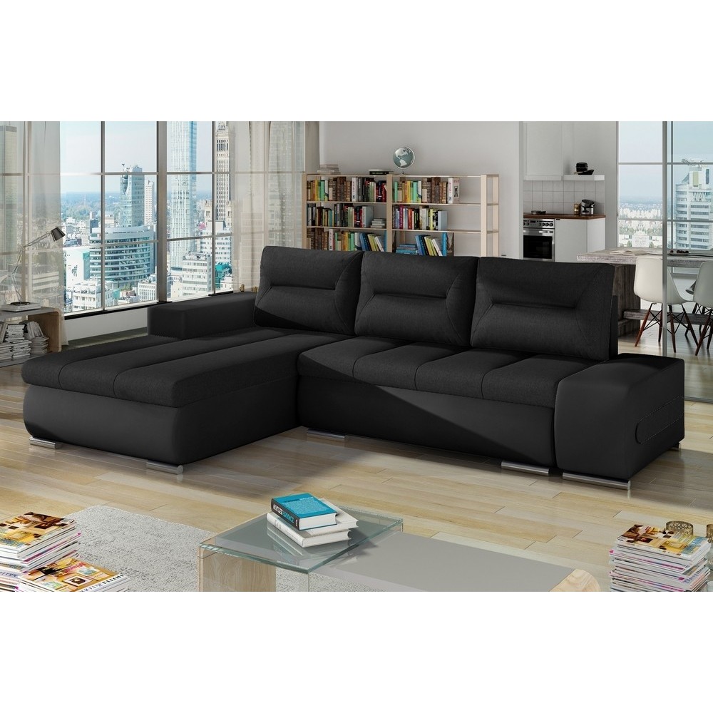 Canapé d'angle convertible en tissu luxe noir et simili cuir noir, 5 places, angle gauche (vu de face) - OTELLO Canapé d'angle convertible en tissu luxe noir et simili cuir noir, 5 places, angle gauche (vu de face) - OTELLO