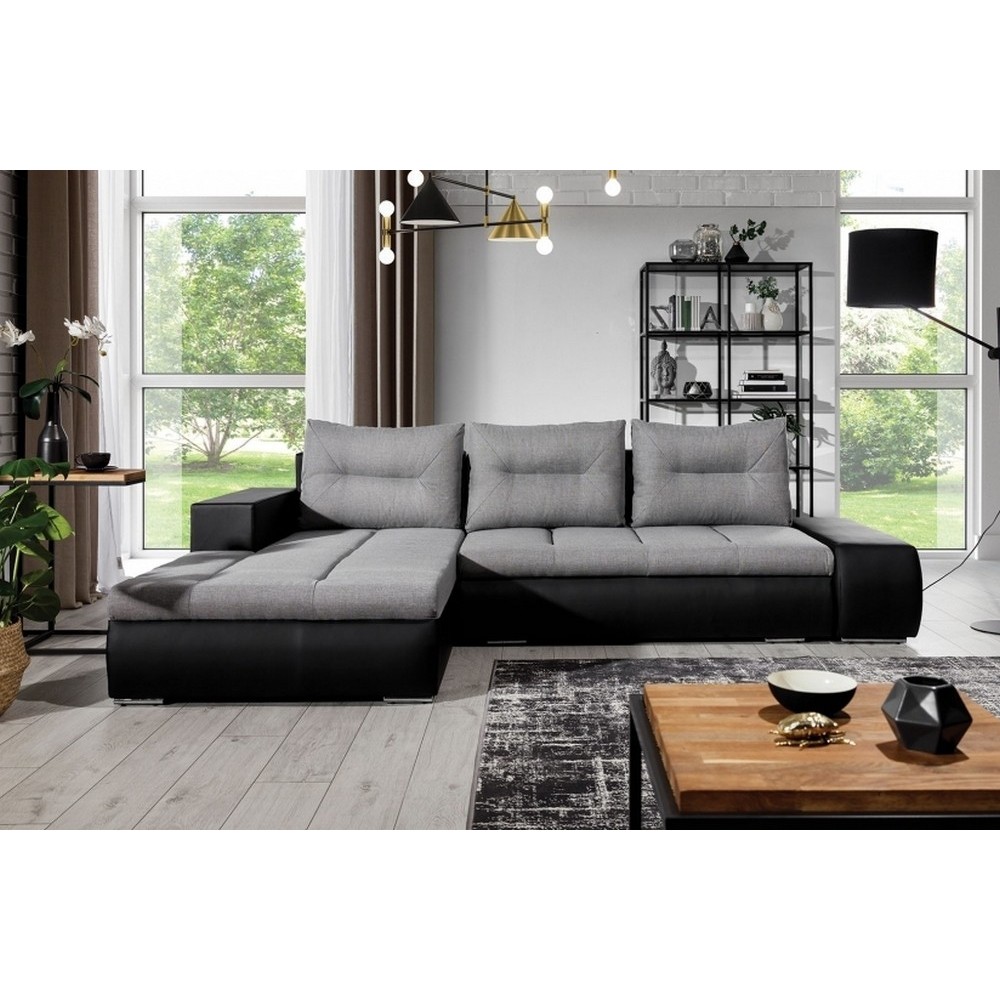 - Canapé d'angle convertible en tissu luxe gris et simili cuir noir, 5 places, angle gauche (vu de face) - OTELLO - Canapé d'angle convertible en tissu luxe gris et simili cuir noir, 5 places, angle gauche (vu de face) - OTELLO