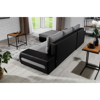 - Canapé d'angle convertible en tissu luxe gris et simili cuir noir, 5 places, angle gauche (vu de face) - OTELLO