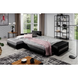 - Canapé d'angle convertible en tissu luxe gris et simili cuir noir, 5 places, angle gauche (vu de face) - OTELLO