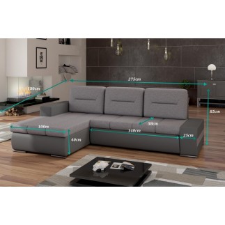 - Canapé d'angle convertible en tissu luxe gris et simili cuir noir, 5 places, angle gauche (vu de face) - OTELLO