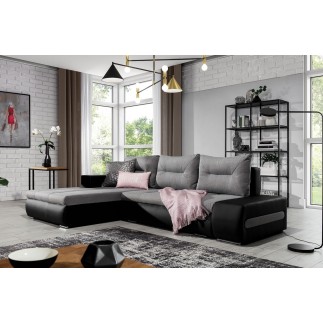 - Canapé d'angle convertible en tissu luxe gris et simili cuir noir, 5 places, angle gauche (vu de face) - OTELLO