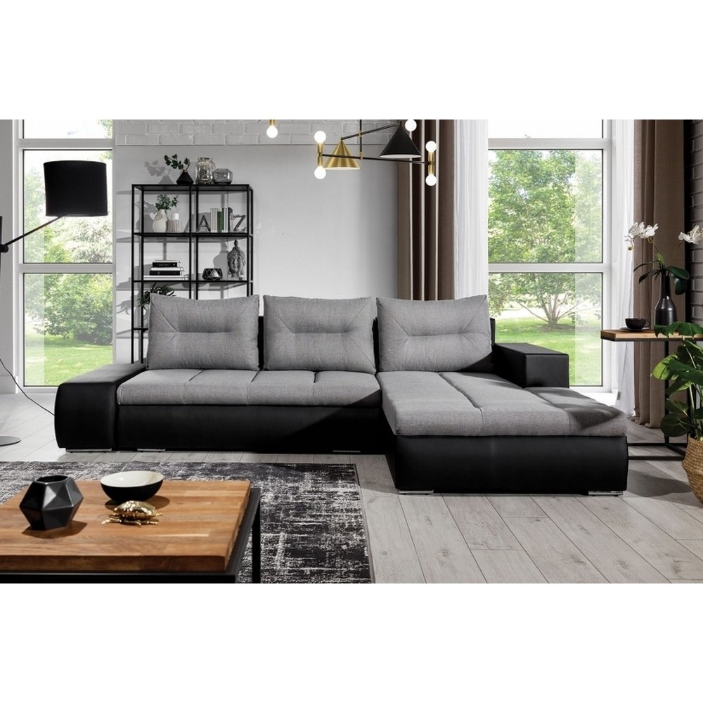 Canapé d'angle convertible en tissu luxe gris et simili cuir noir, 5 places, angle droit (vu de face) - OTELLO Canapé d'angle convertible en tissu luxe gris et simili cuir noir, 5 places, angle droit (vu de face) - OTELLO