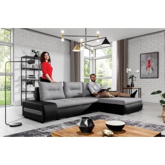 Canapé d'angle convertible en tissu luxe gris et simili cuir noir, 5 places, angle droit (vu de face) - OTELLO