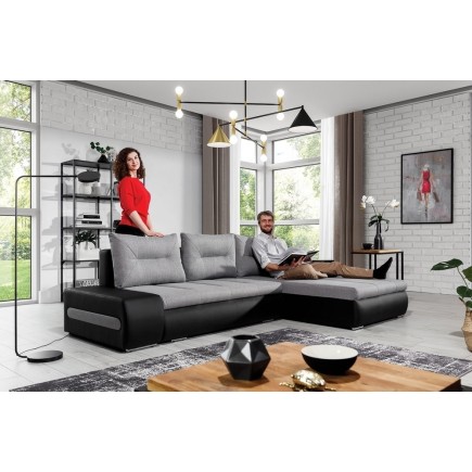 Canapé d'angle convertible en tissu luxe gris et simili cuir noir, 5 places, angle droit (vu de face) - OTELLO
