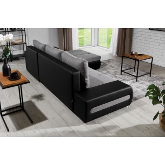 Canapé d'angle convertible en tissu luxe gris et simili cuir noir, 5 places, angle droit (vu de face) - OTELLO