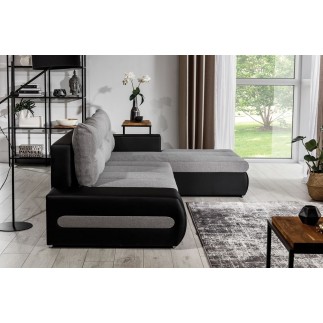Canapé d'angle convertible en tissu luxe gris et simili cuir noir, 5 places, angle droit (vu de face) - OTELLO