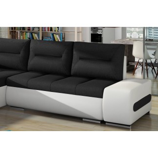 - Canapé d'angle convertible en tissu luxe noir et simili cuir blanc, 5 places, angle gauche (vu de face) - OTELLO