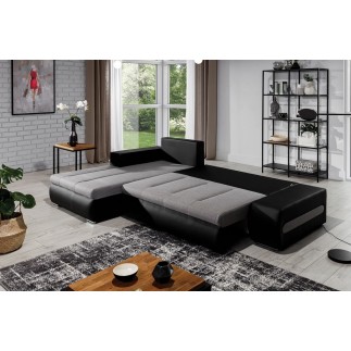 - Canapé d'angle convertible en tissu luxe noir et simili cuir blanc, 5 places, angle gauche (vu de face) - OTELLO