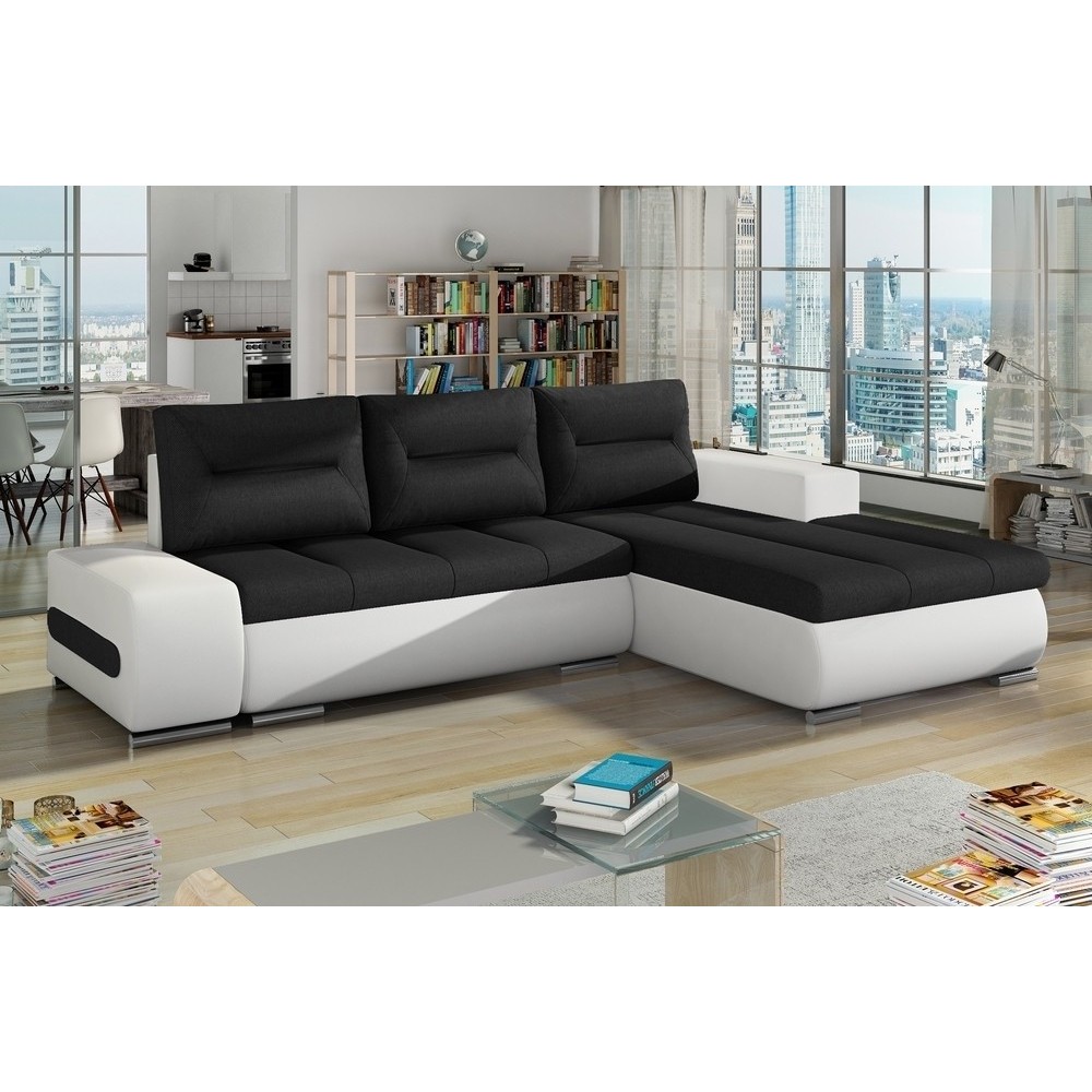 - Canapé d'angle convertible en tissu luxe noir et simili cuir blanc, 5 places, angle droit (vu de face) - OTELLO - Canapé d'angle convertible en tissu luxe noir et simili cuir blanc, 5 places, angle droit (vu de face) - OTELLO