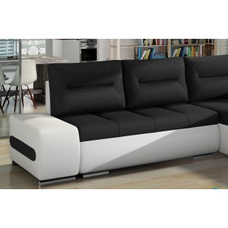 - Canapé d'angle convertible en tissu luxe noir et simili cuir blanc, 5 places, angle droit (vu de face) - OTELLO