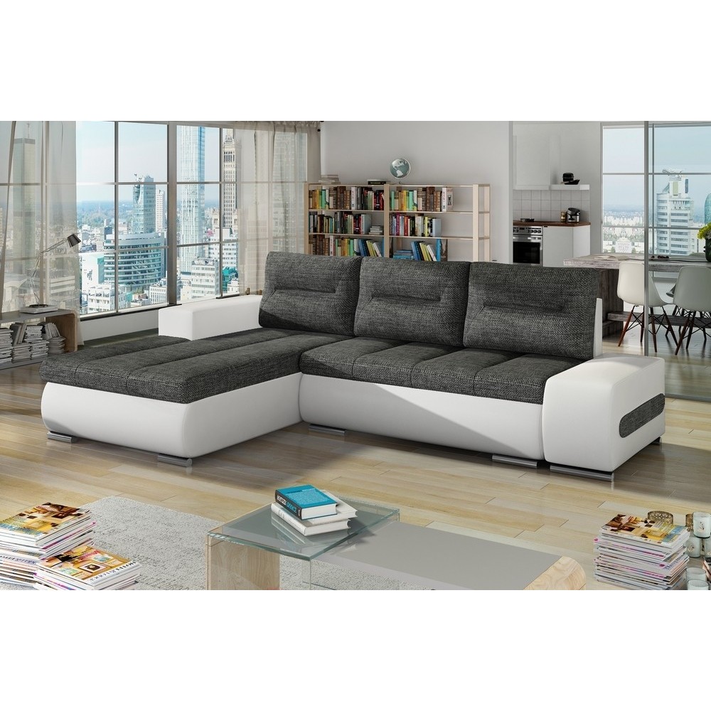 Canapé d'angle convertible en tissu luxe gris foncé et simili cuir blanc, 5 places, angle gauche (vu de face) - OTELLO Canapé d'angle convertible en tissu luxe gris foncé et simili cuir blanc, 5 places, angle gauche (vu de face) - OTELLO