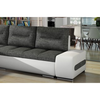 Canapé d'angle convertible en tissu luxe gris foncé et simili cuir blanc, 5 places, angle gauche (vu de face) - OTELLO