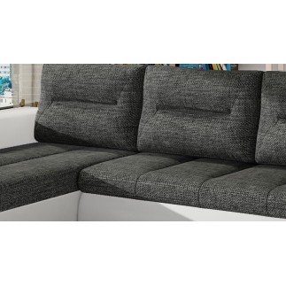 Canapé d'angle convertible en tissu luxe gris foncé et simili cuir blanc, 5 places, angle gauche (vu de face) - OTELLO