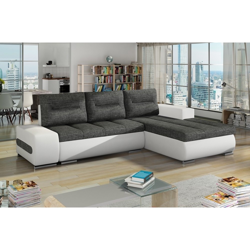 Canapé d'angle convertible en tissu luxe gris foncé et simili cuir blanc, 5 places, angle droit (vu de face) - OTELLO Canapé d'angle convertible en tissu luxe gris foncé et simili cuir blanc, 5 places, angle droit (vu de face) - OTELLO