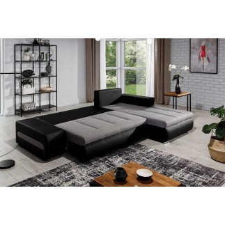 Canapé d'angle convertible en tissu luxe gris foncé et simili cuir blanc, 5 places, angle droit (vu de face) - OTELLO