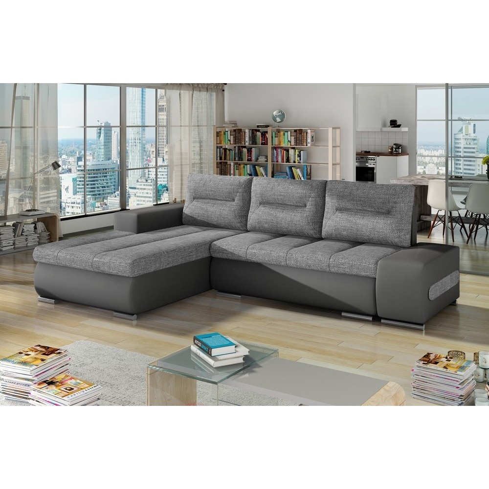 Canapé d'angle convertible en tissu luxe gris et simili cuir gris, 5 places, angle gauche (vu de face) - OTELLO Canapé d'angle convertible en tissu luxe gris et simili cuir gris, 5 places, angle gauche (vu de face) - OTELLO