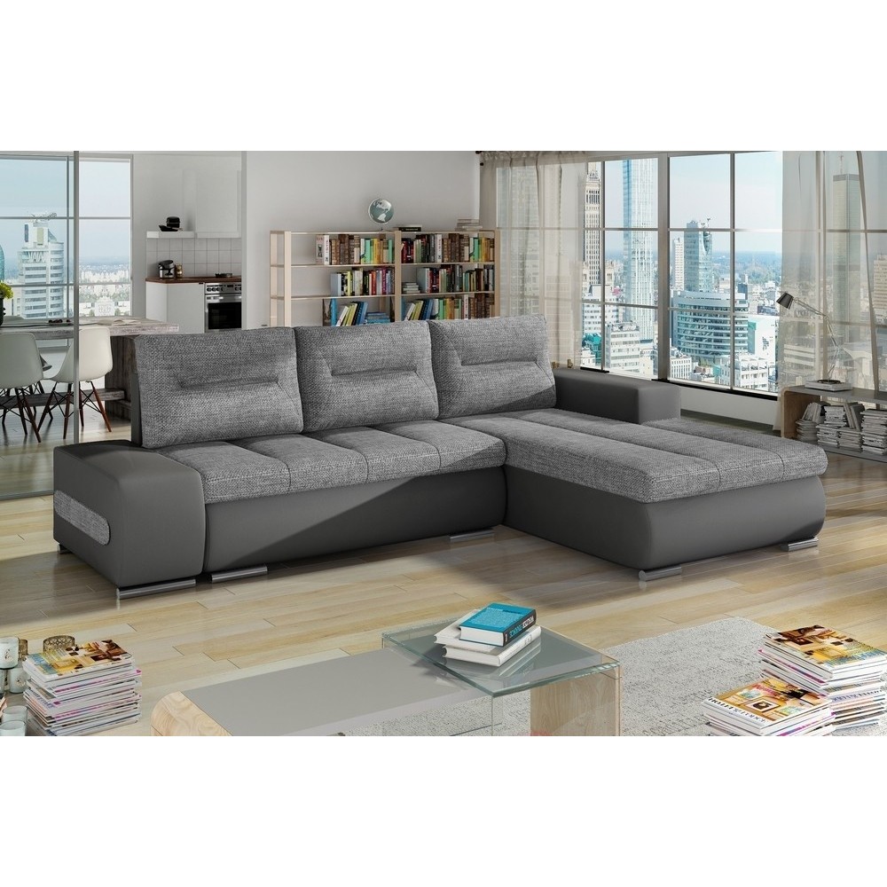 Canapé d'angle convertible en tissu luxe gris et simili cuir gris, 5 places, angle droit (vu de face) - OTELLO Canapé d'angle convertible en tissu luxe gris et simili cuir gris, 5 places, angle droit (vu de face) - OTELLO