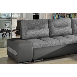 Canapé d'angle convertible en tissu luxe gris et simili cuir gris, 5 places, angle droit (vu de face) - OTELLO