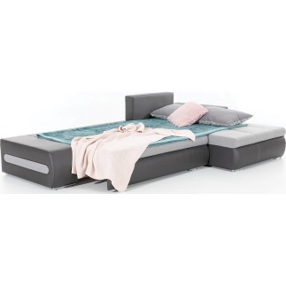 Canapé d'angle convertible en tissu luxe gris et simili cuir gris, 5 places, angle droit (vu de face) - OTELLO