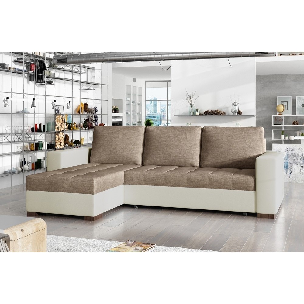 Canapé d'angle convertible en tissu luxe marron et simili cuir beige, 5 places, avec coffre, angle gauche (vu de face), NESTOR Canapé d'angle convertible en tissu luxe marron et simili cuir beige, 5 places, avec coffre, angle gauche (vu de face), NESTOR