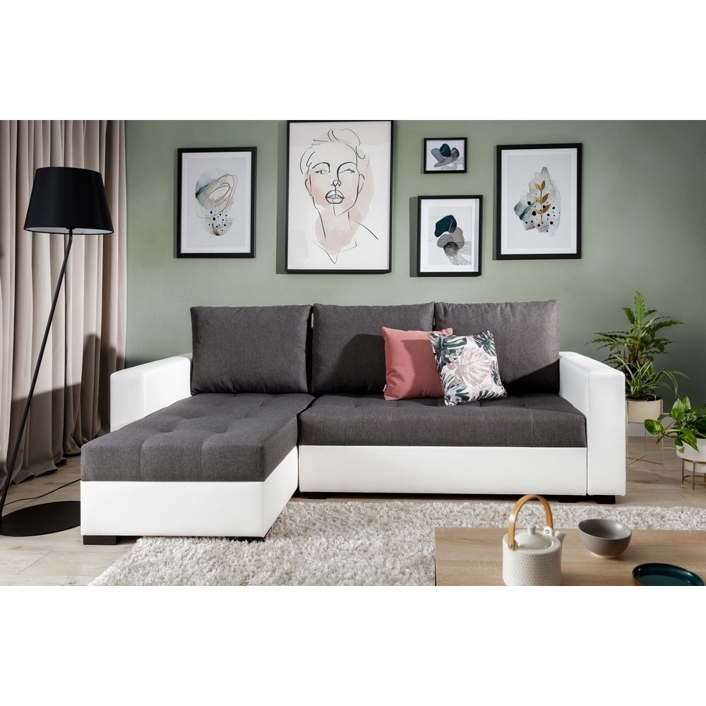- Canapé d'angle convertible en tissu luxe gris foncé et simili cuir blanc, 5 places, avec coffre, angle gauche (vu de face), NE - Canapé d'angle convertible en tissu luxe gris foncé et simili cuir blanc, 5 places, avec coffre, angle gauche (vu de face), NE