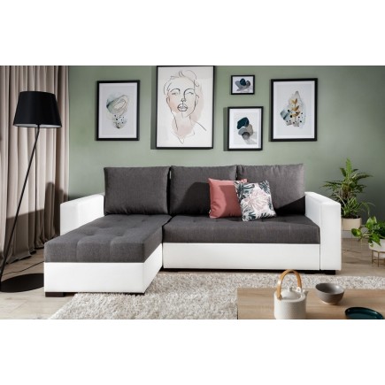 - Canapé d'angle convertible en tissu luxe gris foncé et simili cuir blanc, 5 places, avec coffre, angle gauche (vu de face), NE
