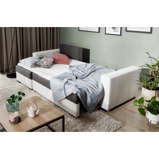 - Canapé d'angle convertible en tissu luxe gris foncé et simili cuir blanc, 5 places, avec coffre, angle gauche (vu de face), NE