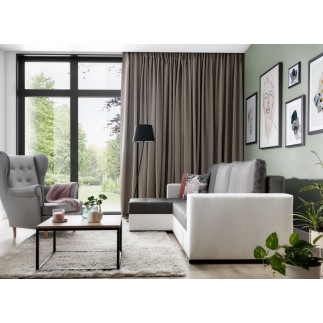 - Canapé d'angle convertible en tissu luxe gris foncé et simili cuir blanc, 5 places, avec coffre, angle gauche (vu de face), NE